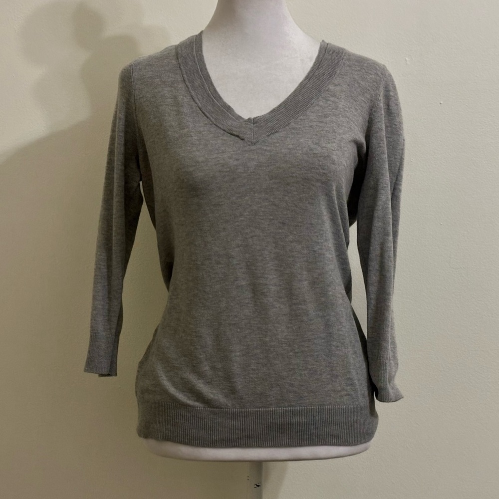 LOFT Women’s Gray Pima Cotton V-Neck Sweater 3/4 Sleeve Size S
